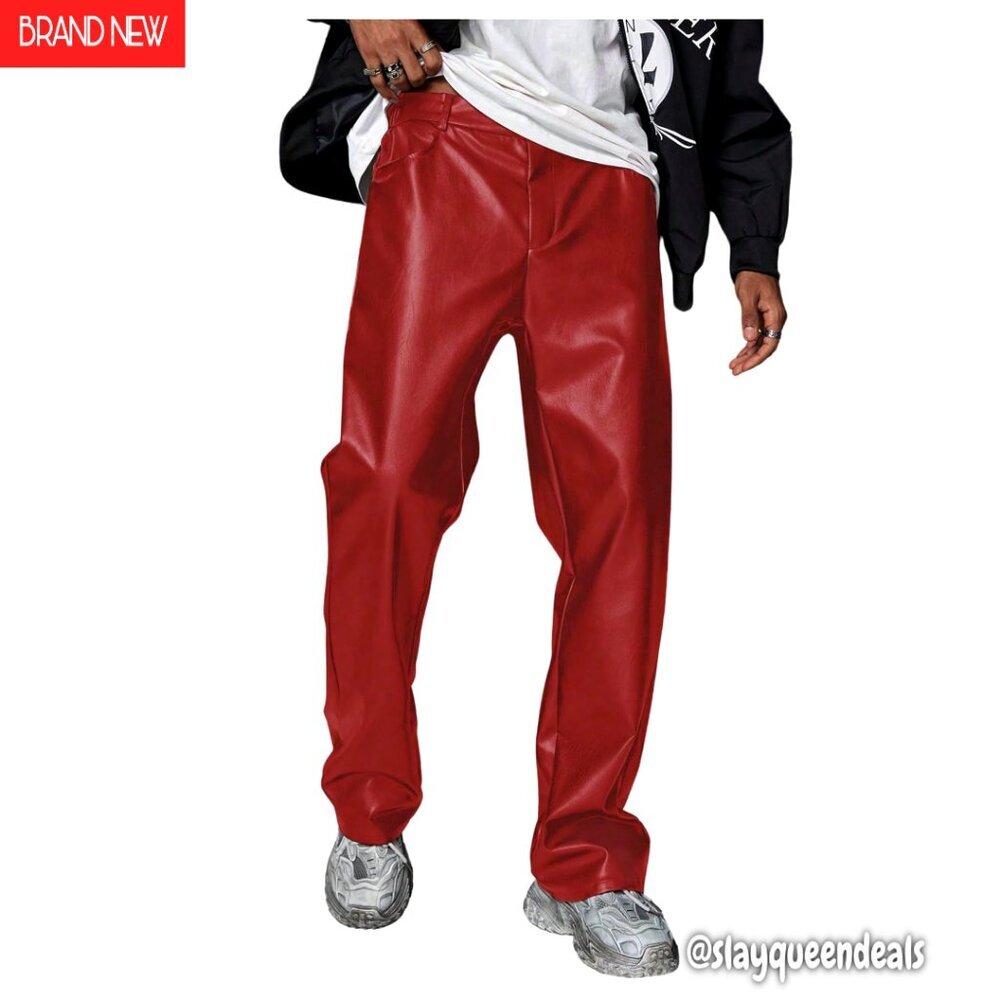 Men's Straight Leg PU Leather Pants, Baggy Fit for Stage Performance & Casual